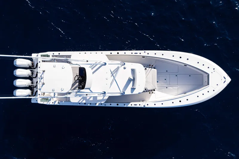  Yacht Photos Pics Aerial view of 2026 SeaVee 420Z boat on deep blue ocean water.