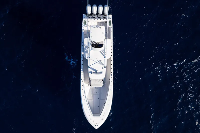  Yacht Photos Pics Aerial view of 2026 SeaVee 420Z boat on deep blue ocean water.