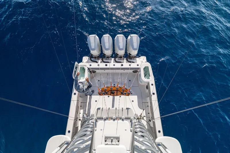  Yacht Photos Pics Overhead view of 2026 SeaVee 420Z boat with four engines on blue ocean.