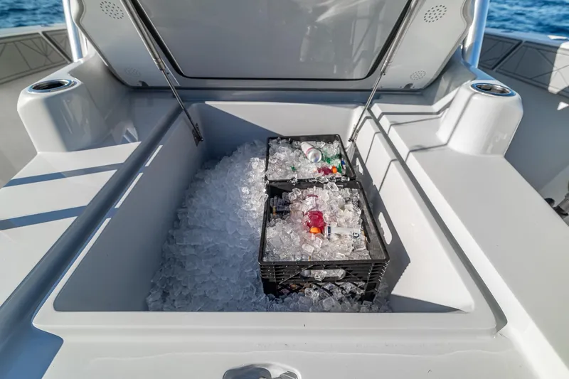  Yacht Photos Pics Open cooler with ice and drinks on a 2026 SeaVee 420Z boat.