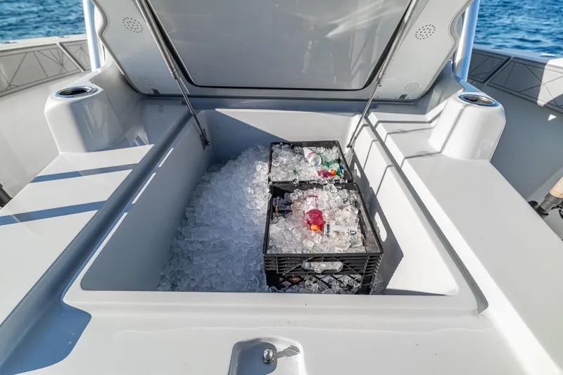  Yacht Photos Pics Open cooler with drinks and ice on 2026 SeaVee 420Z boat deck.
