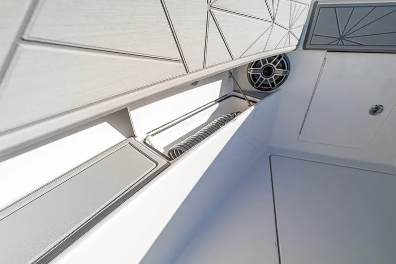  Yacht Photos Pics Interior detail of 2026 SeaVee 420Z boat, featuring sleek storage and speaker system.
