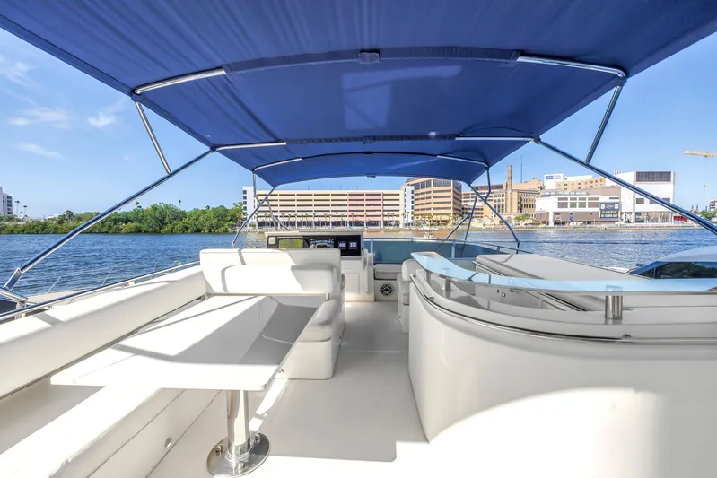 Solaris Yacht Photos Pics Luxurious 2009 Uniesse 65 MY yacht with spacious deck and blue canopy.