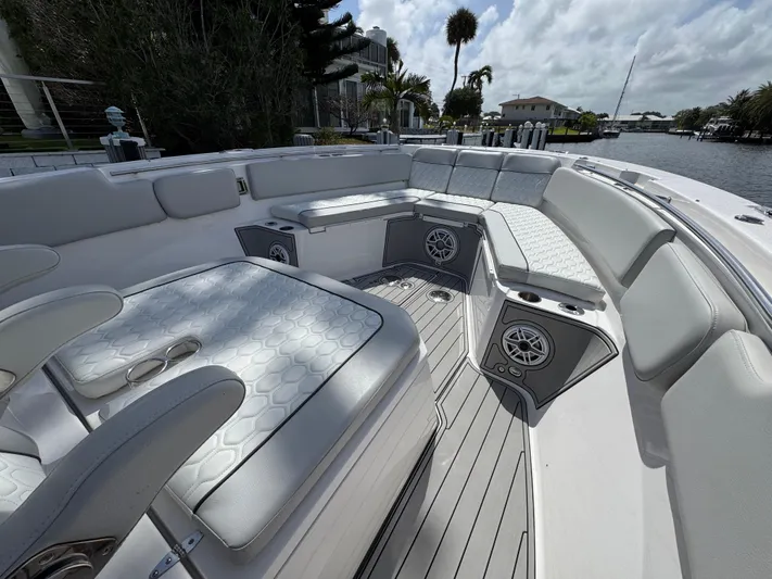 Keri B III Yacht Photos Pics 2023 Sea Fox 328 Commander boat interior with luxurious seating and modern design.
