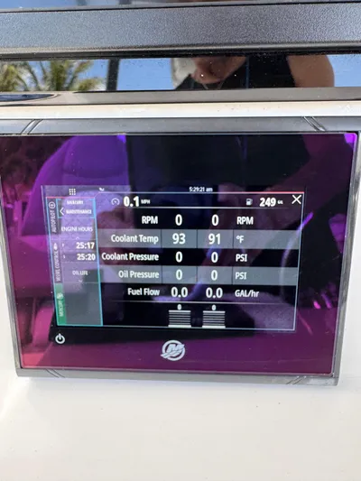 Keri B III Yacht Photos Pics 2023 Sea Fox 328 Commander dashboard display showing engine metrics and performance data.