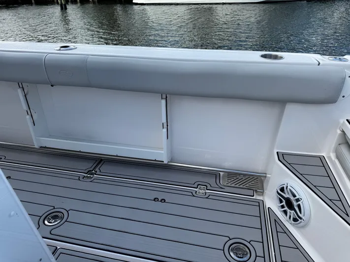 Keri B III Yacht Photos Pics 2023 Sea Fox 328 Commander boat interior with sleek seating and modern flooring.