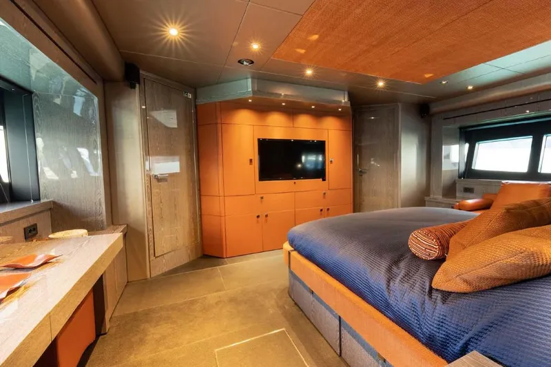  Yacht Photos Pics Luxurious 2013 Sunseeker 28 Metre Yacht bedroom with modern decor and elegant furnishings.