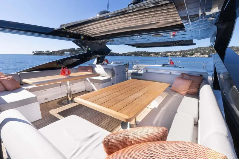  Yacht Photos Pics Luxurious 2013 Sunseeker 28 Metre Yacht deck with elegant seating and ocean view.