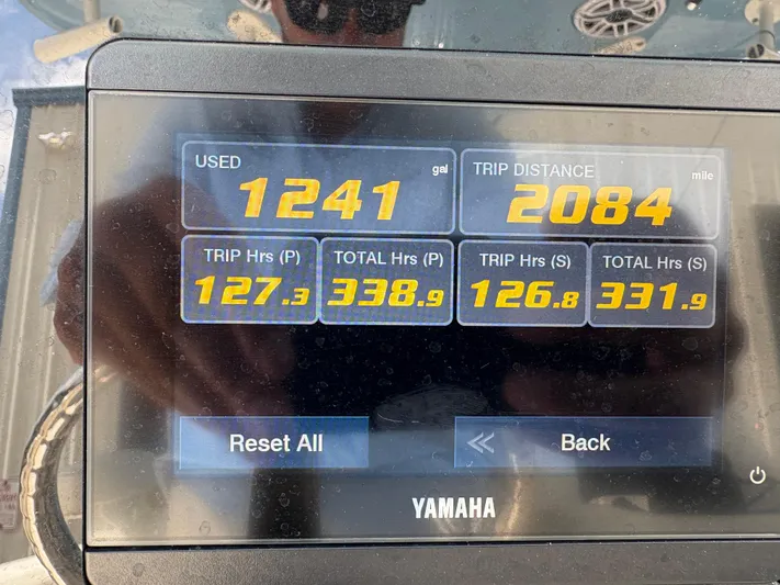  Yacht Photos Pics Yamaha display showing fuel usage and trip data for 2022 Cobia 301 Center Console.