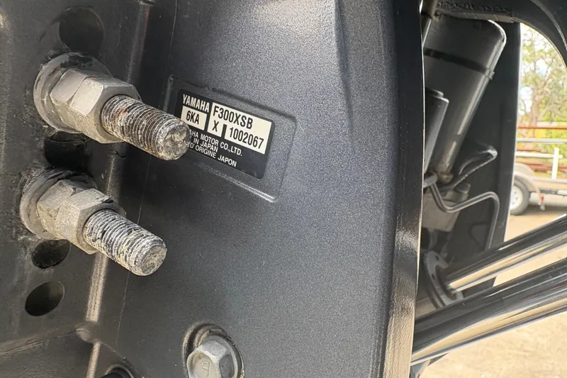  Yacht Photos Pics Close-up of Yamaha F300XSB engine on 2022 Cobia 301 Center Console boat.