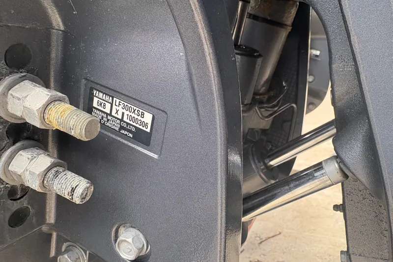  Yacht Photos Pics Close-up of Yamaha LF300XSB engine part on 2022 Cobia 301 Center Console boat.