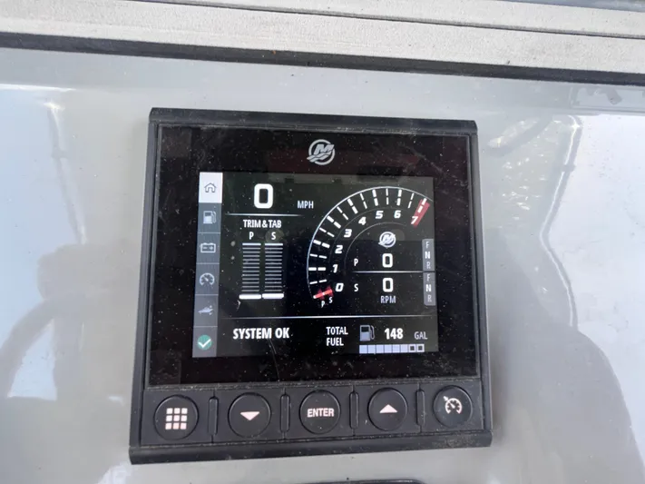  Yacht Photos Pics Seapro 320 DLX 2022 dashboard display showing speed, RPM, and fuel level.
