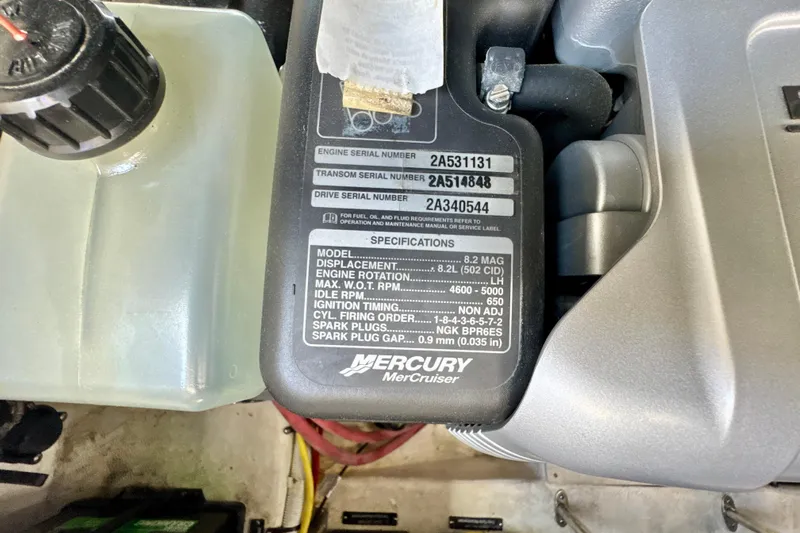  Yacht Photos Pics Close-up of Mercury MerCruiser engine specifications on a 2017 Chaparral 337 SSX boat.