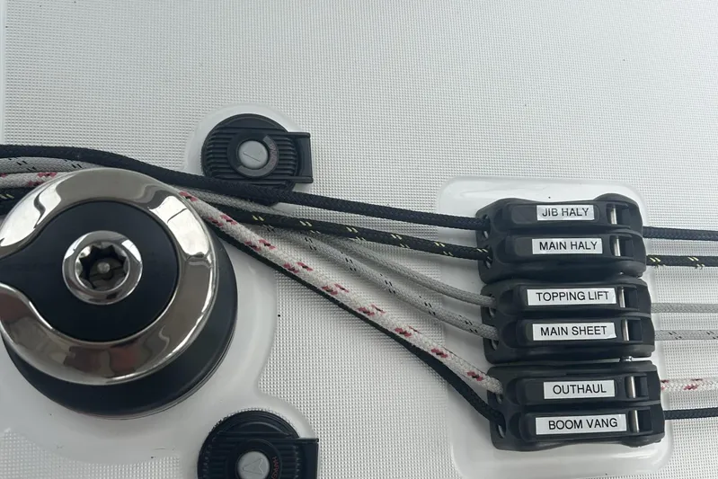 Eugenia Yacht Photos Pics Beneteau Oceanis 35.1 sailboat rigging system, featuring labeled lines and winch, 2021 model.