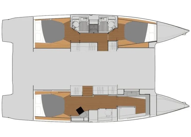 Pegasus Yacht Photos Pics Floor plan of 2022 Fountaine Pajot Astrea 42 catamaran, featuring spacious cabins and living areas.