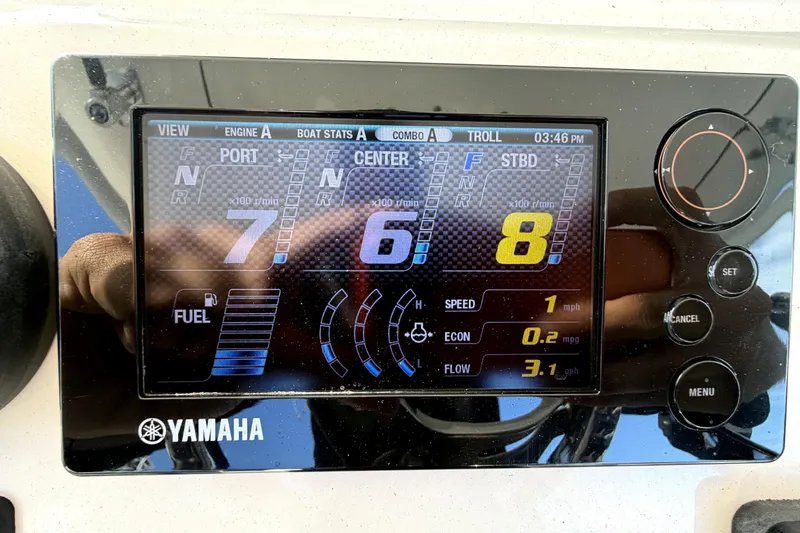  Yacht Photos Pics Yamaha engine display on 2014 Intrepid 400 Cuddy, showing RPM, speed, and fuel data.