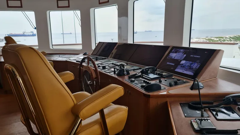  Yacht Photos Pics Bridge of Custom 46 M yacht, 2018 model, with navigation controls and sea view.