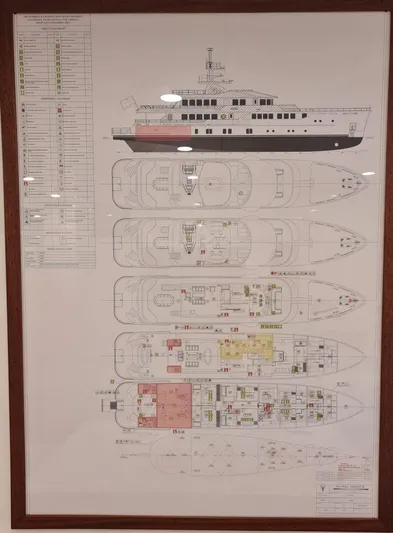  Yacht Photos Pics Blueprint of a 2018 Custom 46 M yacht, showcasing detailed deck layouts and specifications.