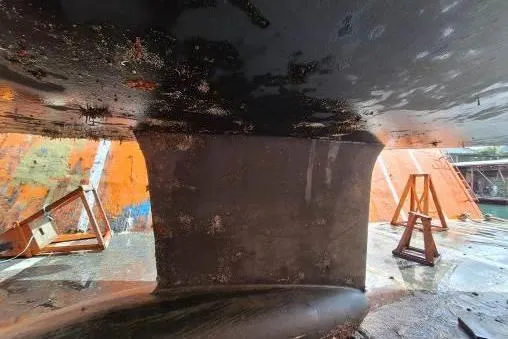 Bermuda Yacht Photos Pics Bottom view of 2017 Dufour 412 Grand Large sailboat hull in dry dock.