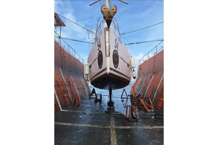 Bermuda Yacht Photos Pics Dufour 412 Grand Large 2017 yacht in dry dock, showcasing hull and keel.