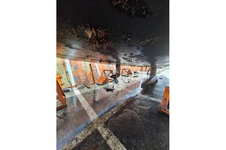 Bermuda Yacht Photos Pics Underwater view of 2017 Dufour 412 Grand Large hull in dry dock.