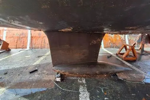 Bermuda Yacht Photos Pics 2017 Dufour 412 Grand Large sailboat keel in dry dock.