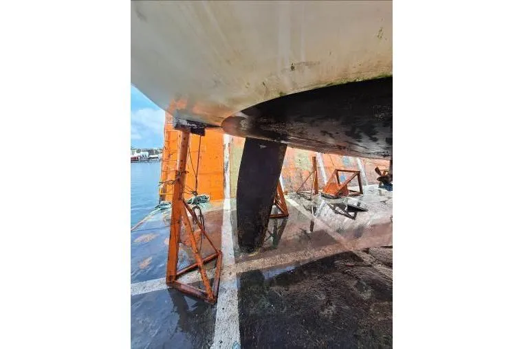 Bermuda Yacht Photos Pics 2017 Dufour 412 Grand Large sailboat hull on stands at a marina.