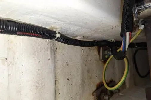 Bermuda Yacht Photos Pics Electrical wiring in the engine compartment of a 2017 Dufour 412 Grand Large sailboat.