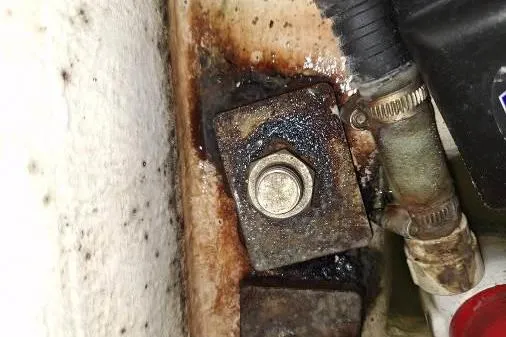Bermuda Yacht Photos Pics Rusty bolt and fittings on a 2017 Dufour 412 Grand Large sailboat.