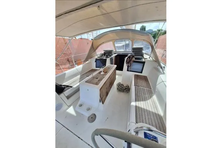 Bermuda Yacht Photos Pics Cockpit of 2017 Dufour 412 Grand Large sailboat with seating and navigation equipment.