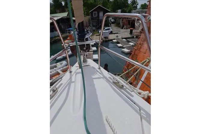 Bermuda Yacht Photos Pics Bow view of 2017 Dufour 412 Grand Large sailboat docked at marina.