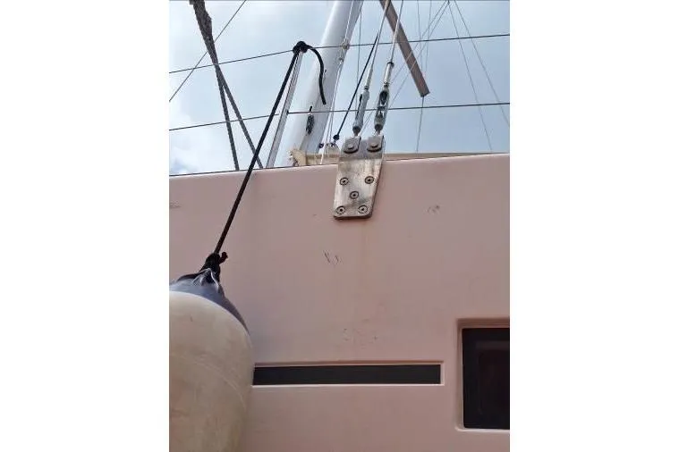 Bermuda Yacht Photos Pics Dufour 412 Grand Large 2017 sailboat deck with rigging and fender.