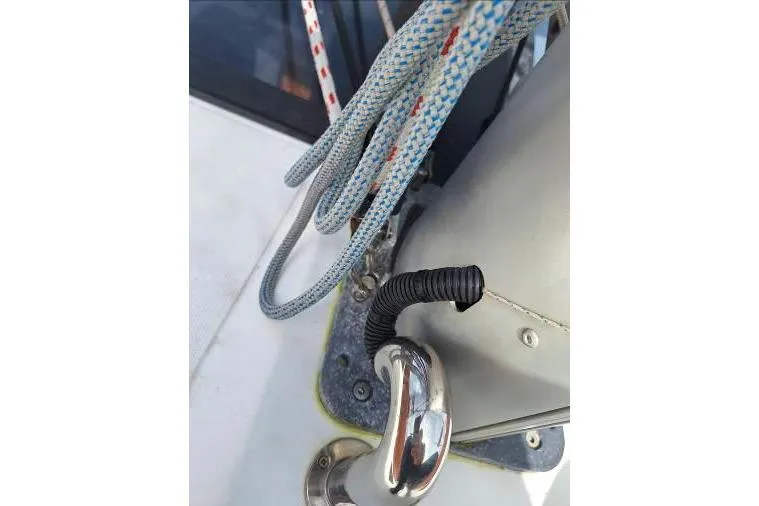 Bermuda Yacht Photos Pics Close-up of 2017 Dufour 412 Grand Large sailboat rigging and hardware.