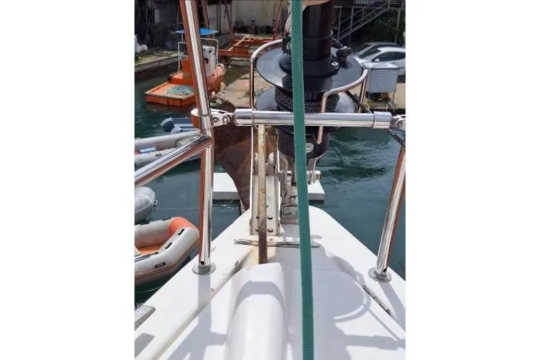 Bermuda Yacht Photos Pics 2017 Dufour 412 Grand Large yacht bow with anchor and marina view.