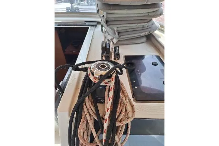 Bermuda Yacht Photos Pics 2017 Dufour 412 Grand Large yacht deck with ropes and equipment.