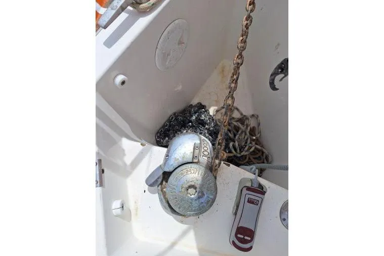Bermuda Yacht Photos Pics Anchor chain and windlass on 2017 Dufour 412 Grand Large sailboat deck.