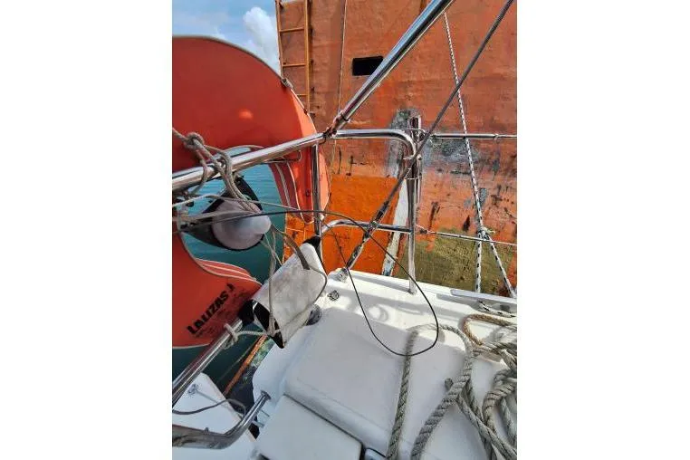 Bermuda Yacht Photos Pics Dufour 412 Grand Large 2017 sailboat deck with lifebuoy and ropes.