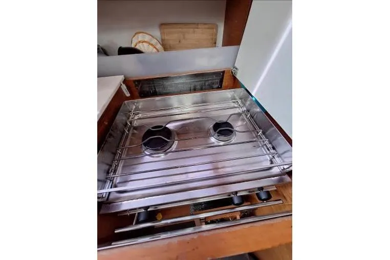 Bermuda Yacht Photos Pics Stainless steel stove in 2017 Dufour 412 Grand Large yacht kitchen.