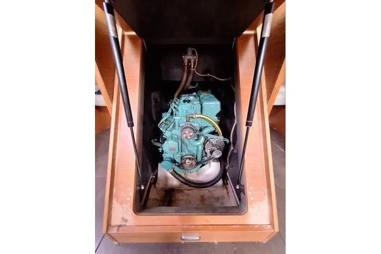 Bermuda Yacht Photos Pics Engine compartment of 2017 Dufour 412 Grand Large sailboat, showcasing internal mechanics.