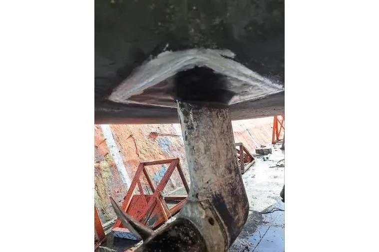 Bermuda Yacht Photos Pics 2017 Dufour 412 Grand Large sailboat keel repair in progress.