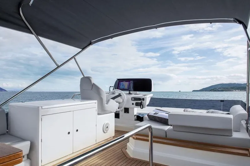  Yacht Photos Pics Luxurious 2023 Ferretti 500 yacht interior with ocean view and modern helm.