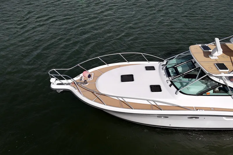  Yacht Photos Pics 2007 Tiara Yachts 3600 Open cruising on water, aerial view of sleek design and deck layout.