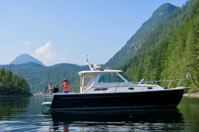 Skookum Yacht Photos Pics 2009 Back Cove 29 boat cruising on a serene lake with forested mountains in the background.