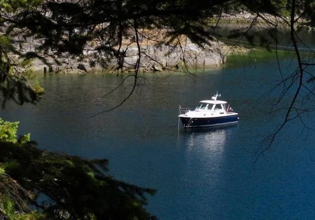 Skookum Yacht Photos Pics 2009 Back Cove 29 boat on serene lake surrounded by trees and rocky shoreline.