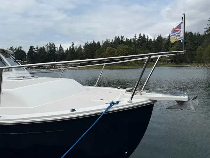 Skookum Yacht Photos Pics 2009 Back Cove 29 boat anchored on a serene lake with forested shoreline.