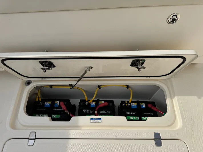 In Pursuit Yacht Photos Pics Battery compartment of a 2011 Pursuit OS 375 Offshore boat.