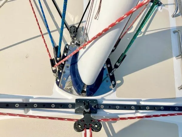 Tangaroa Yacht Photos Pics Tartan 4000 sailboat mast base with colorful rigging lines, 2015 model.