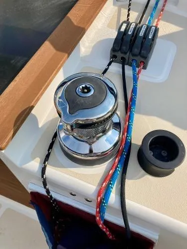 Tangaroa Yacht Photos Pics Sailing winch and colorful ropes on 2015 Tartan 4000 yacht deck.