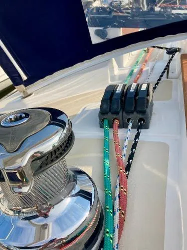 Tangaroa Yacht Photos Pics Close-up of Tartan 4000 sailboat winch and colorful ropes, 2015 model.