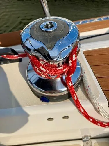 Tangaroa Yacht Photos Pics Tartan 4000 sailboat winch with red rope, 2015 model.